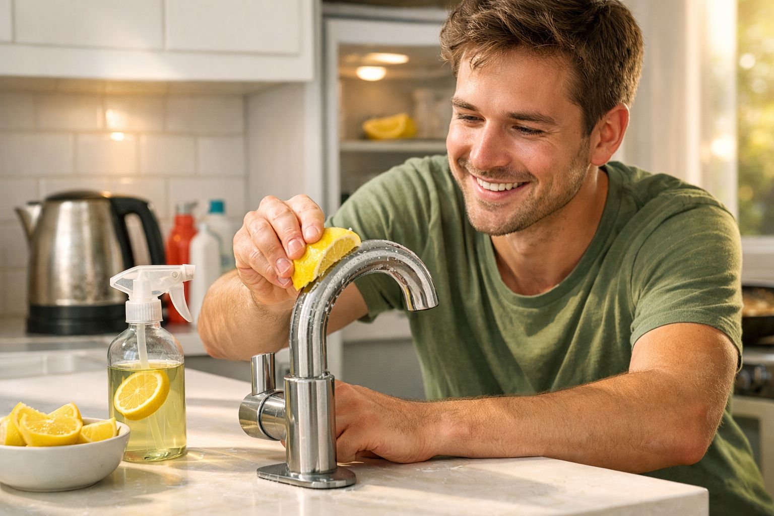 Homem a limpar torneira da cozinha com um pedaço de limão e spray caseiro de limpeza.