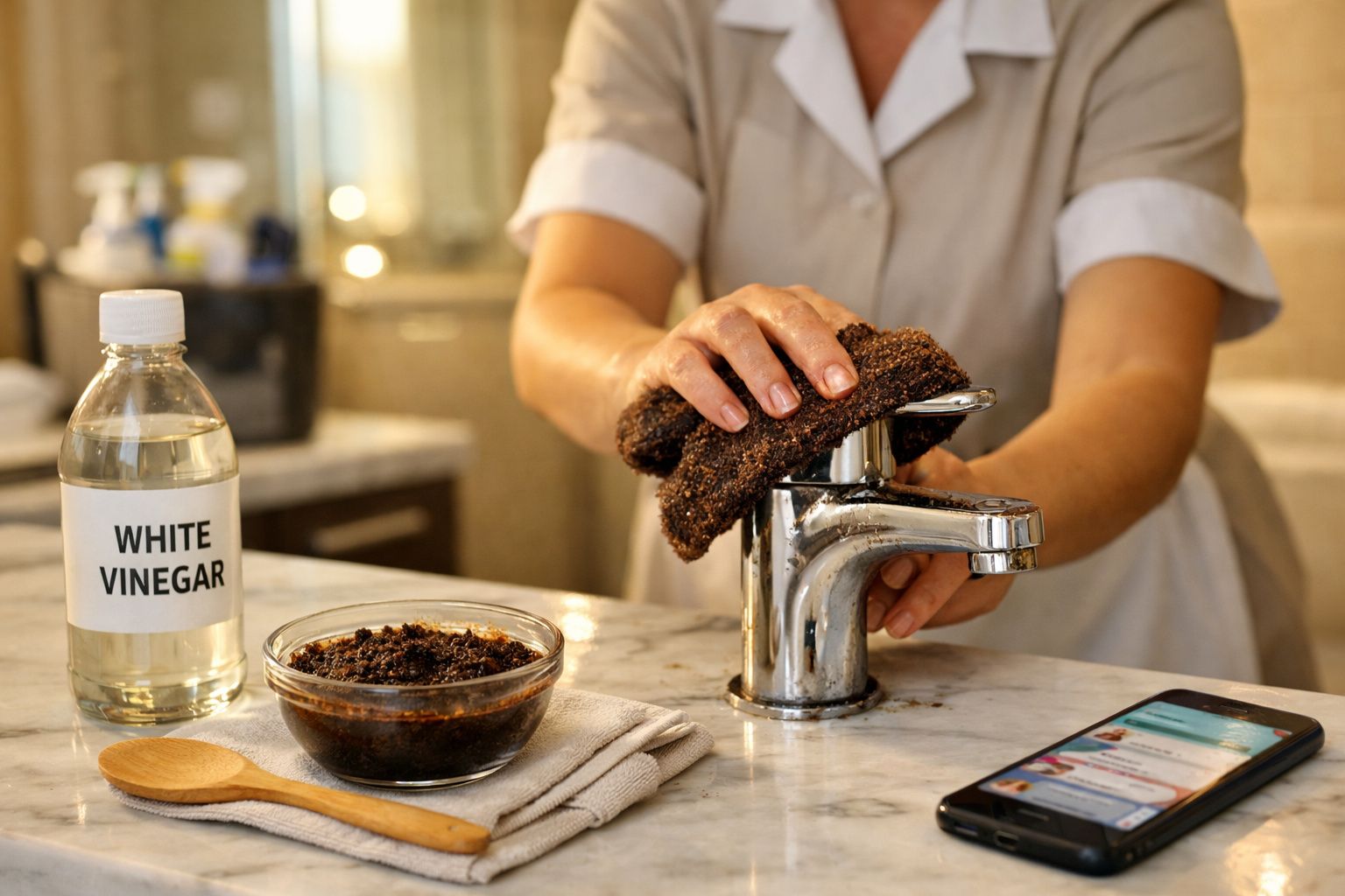 Pessoa a limpar torneira com esfregão caseiro e vinagre branco numa cozinha ou casa de banho.