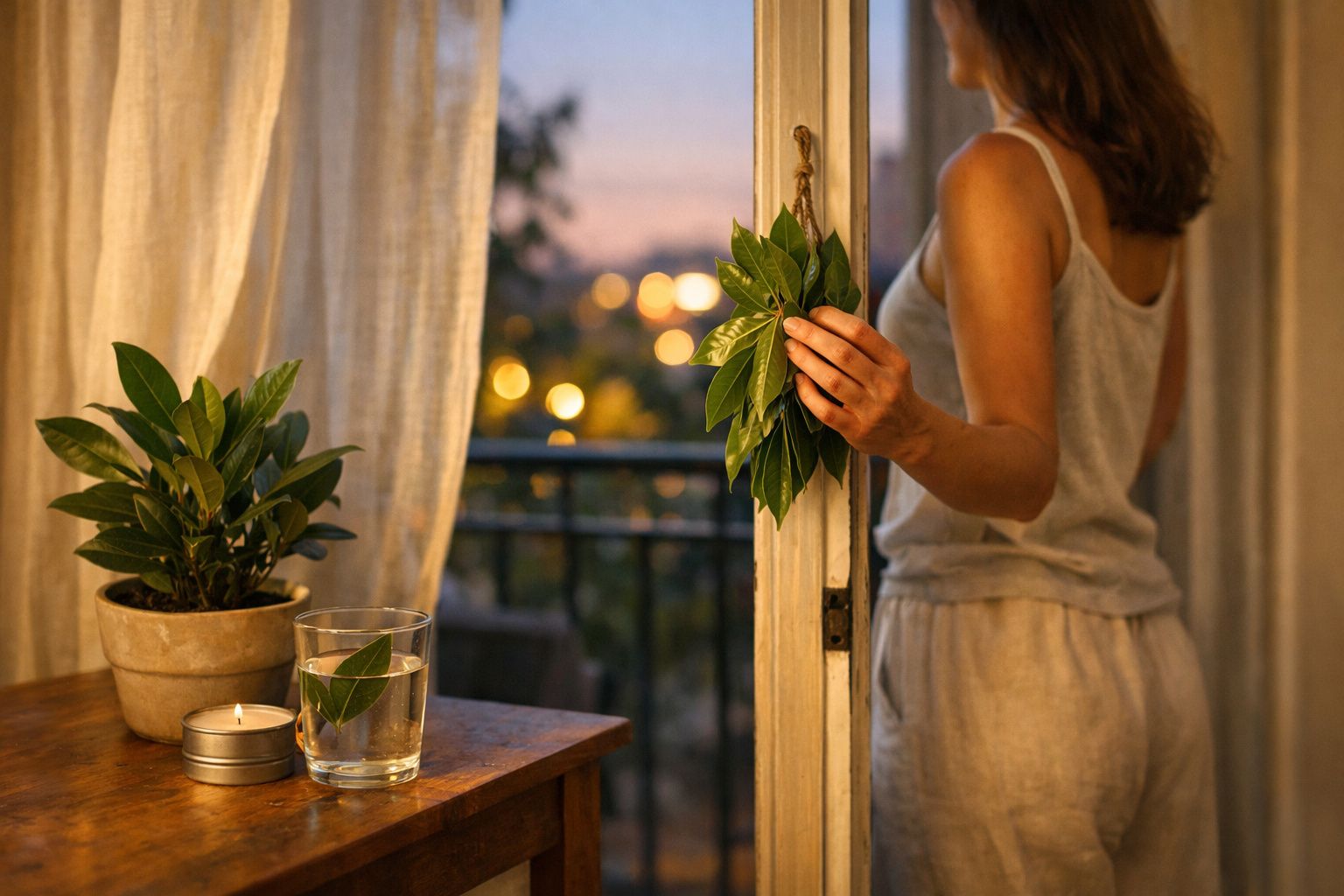 Pessoa a abrir porta de casa de noite, segurando raminho de folhas, com vela, copo e planta numa mesa.
