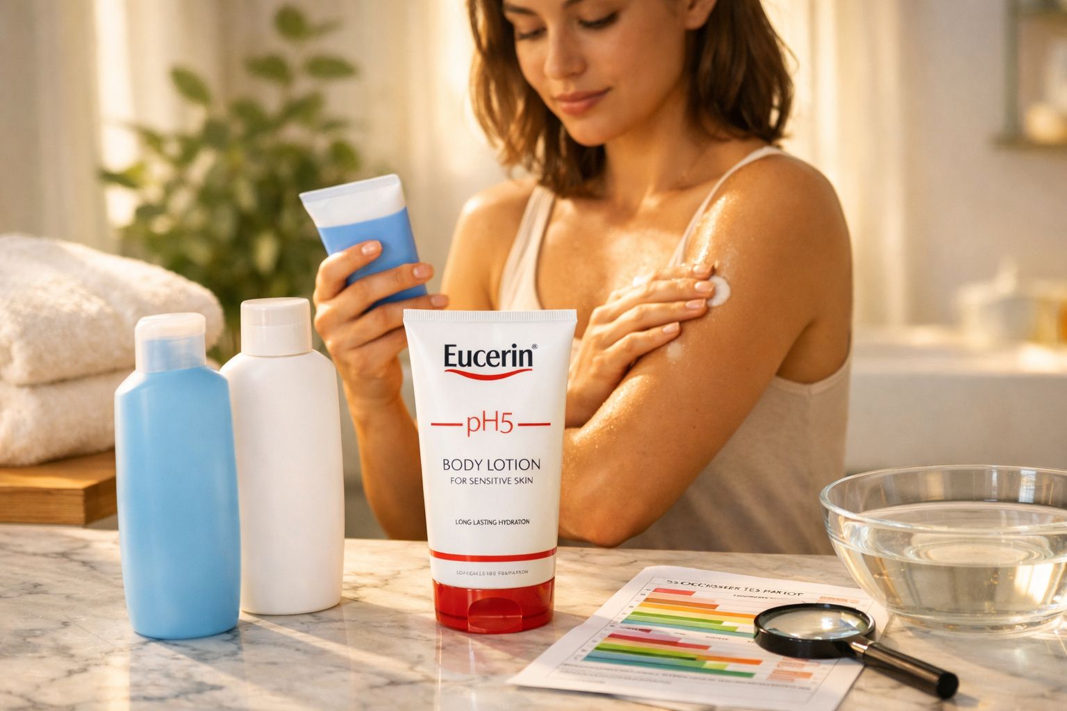 Mulher a aplicar loção corporal Eucerin pH5 no braço, com frascos e tabela de cores numa mesa.