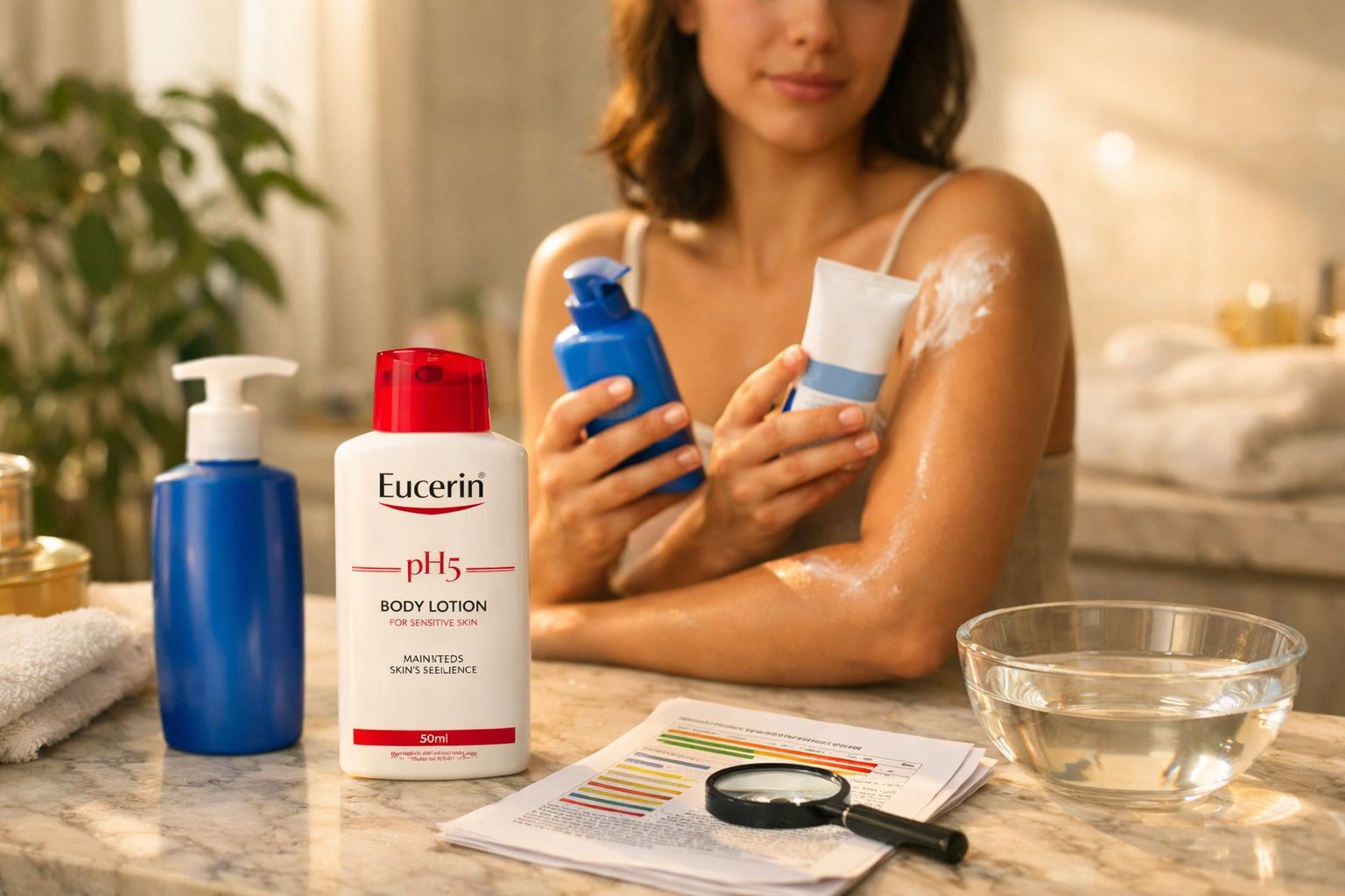Mulher a aplicar loção corporal Eucerin pH5 no braço, com produtos de cuidados na mesa de mármore.