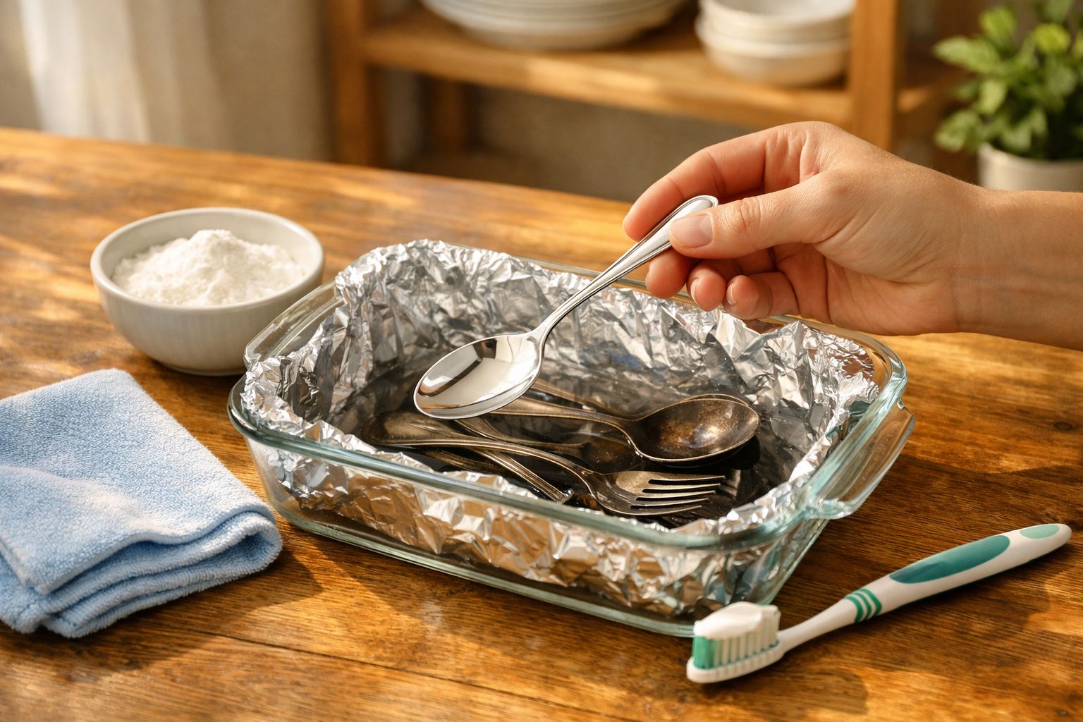 Mão a esfregar talheres em folha de alumínio dentro de recipiente de vidro, com escova de dentes e pano azul na mesa.