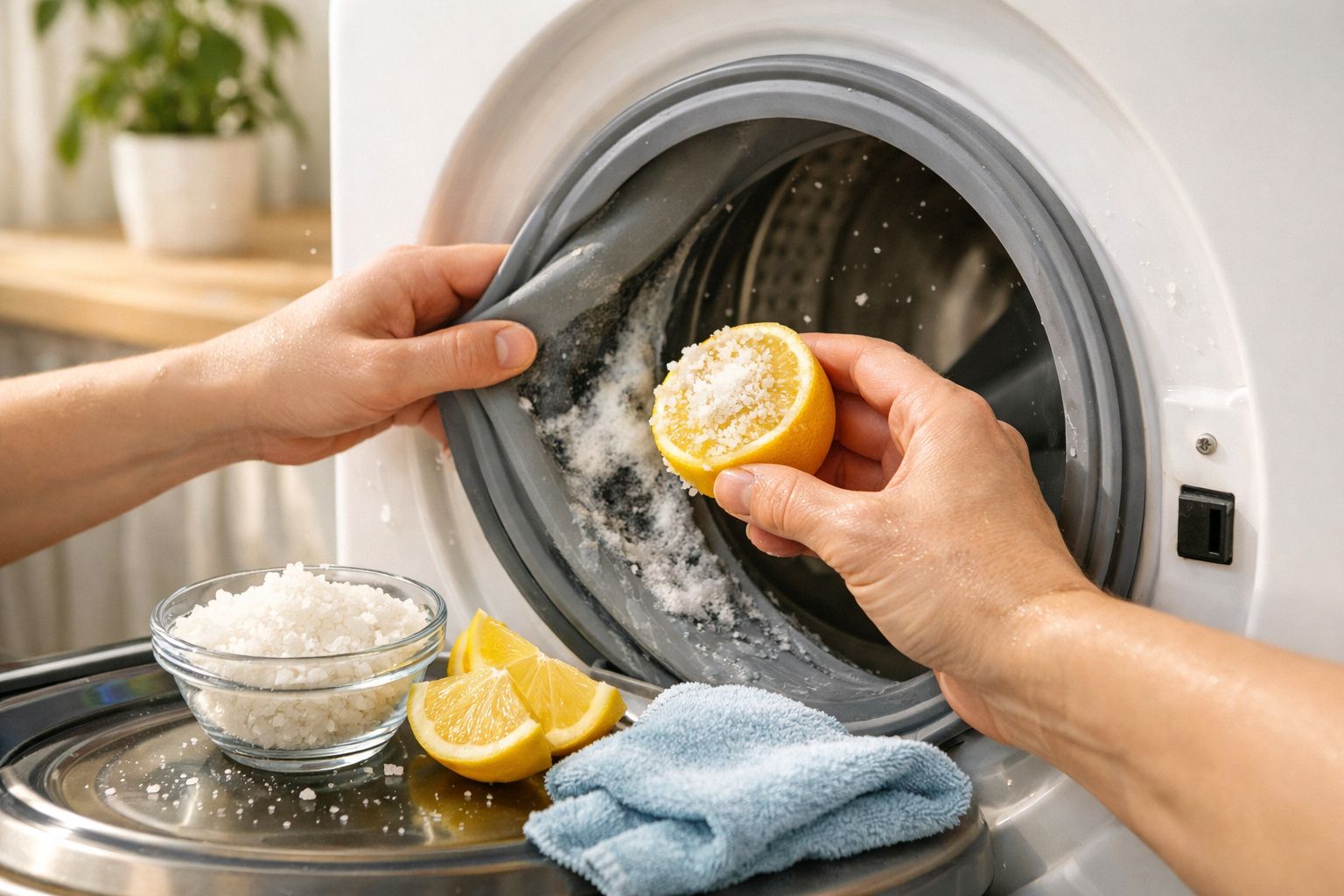 Mãos a limpar a borracha da porta da máquina de lavar roupa com limão e sal grosso.
