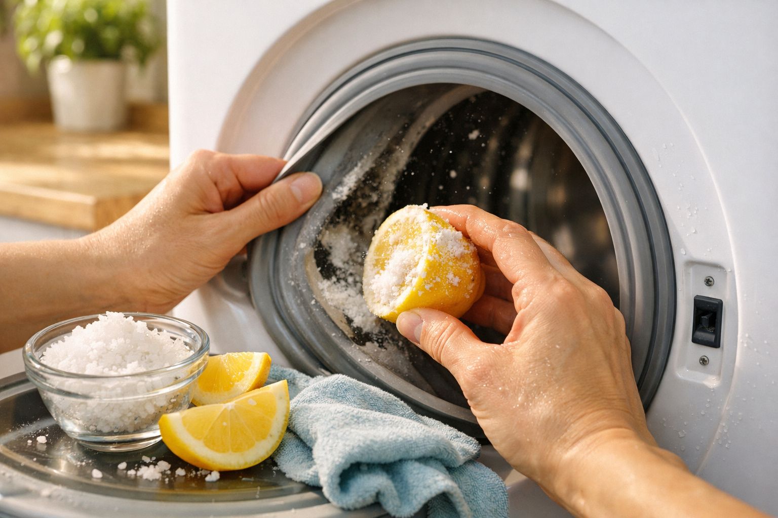 Mãos a limpar a borracha da máquina de lavar com meio limão e sal grosso para remover sujidade.