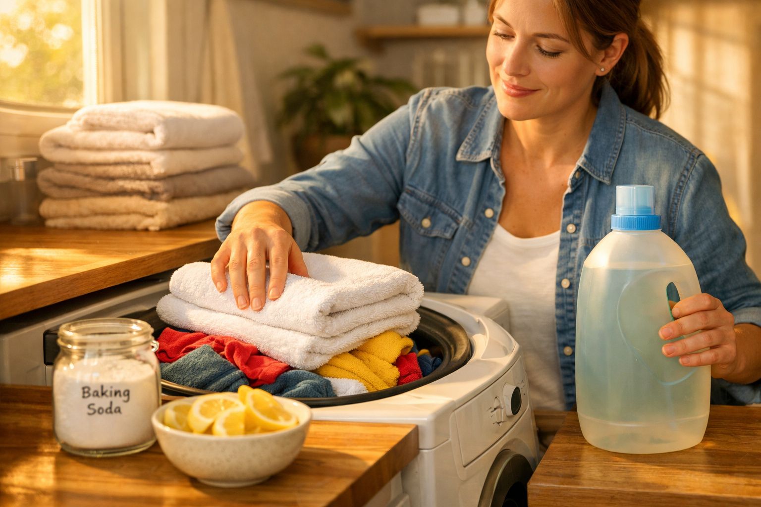 Mulher a colocar roupa na máquina de lavar com detergente líquido e bicarbonato de sódio ao lado.