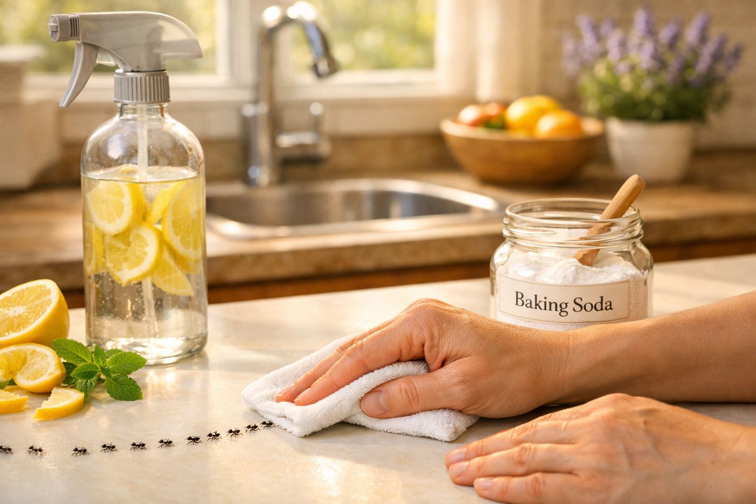 Pessoa a limpar superfície de cozinha com pano branco, com bicarbonato, limões e spray de limpeza caseiro.