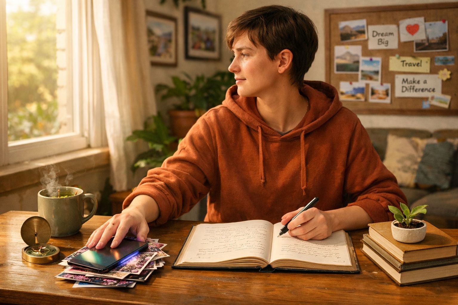 Pessoa jovem sentada à mesa a escrever num caderno, olhando pela janela com uma chávena de chá e objetos pessoais.