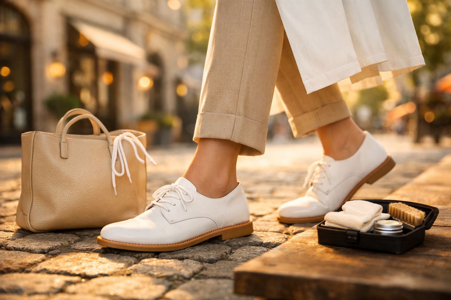 Pessoa a calçar sapatos brancos em piso de calçada com bolsa castanha e kit de limpeza de sapatos.