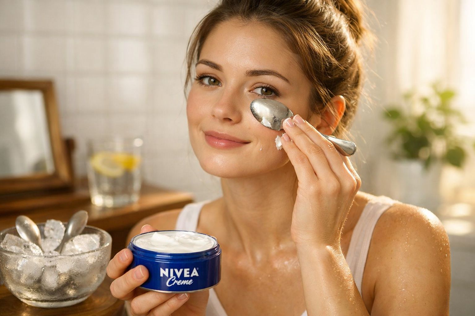 Mulher jovem aplica creme Nivea no rosto com uma colher num ambiente iluminado e acolhedor.