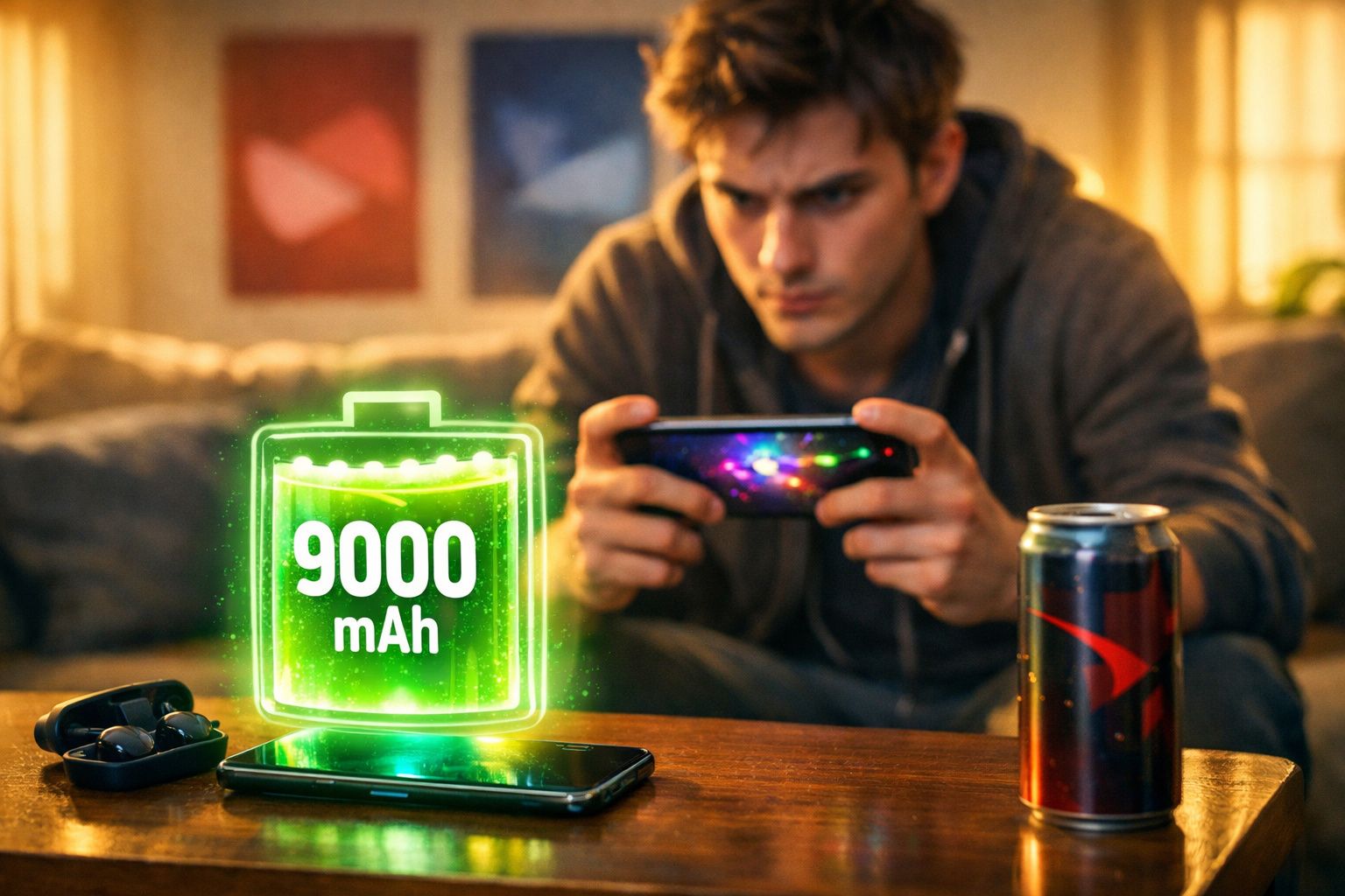 Jovem a jogar num smartphone com bateria digital de 9000 mAh e auriculares sem fios na mesa.