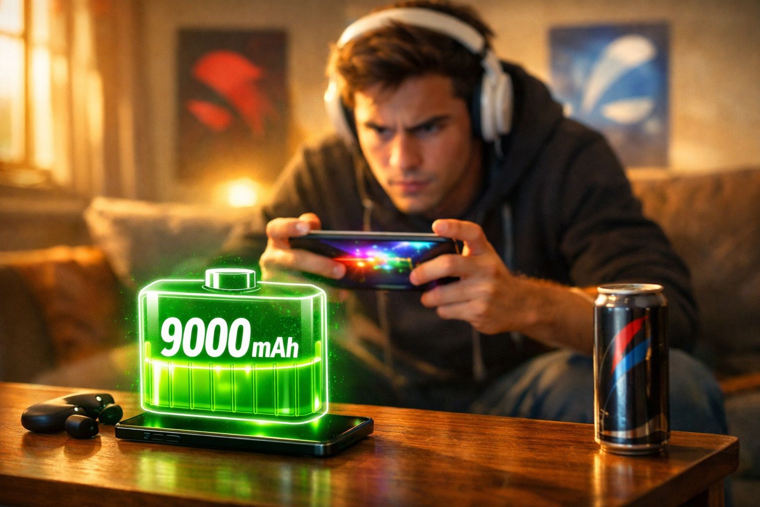 Homem a jogar no telemóvel com auscultadores, mostra bateria virtual de 9000mAh sobre telemóvel na mesa.