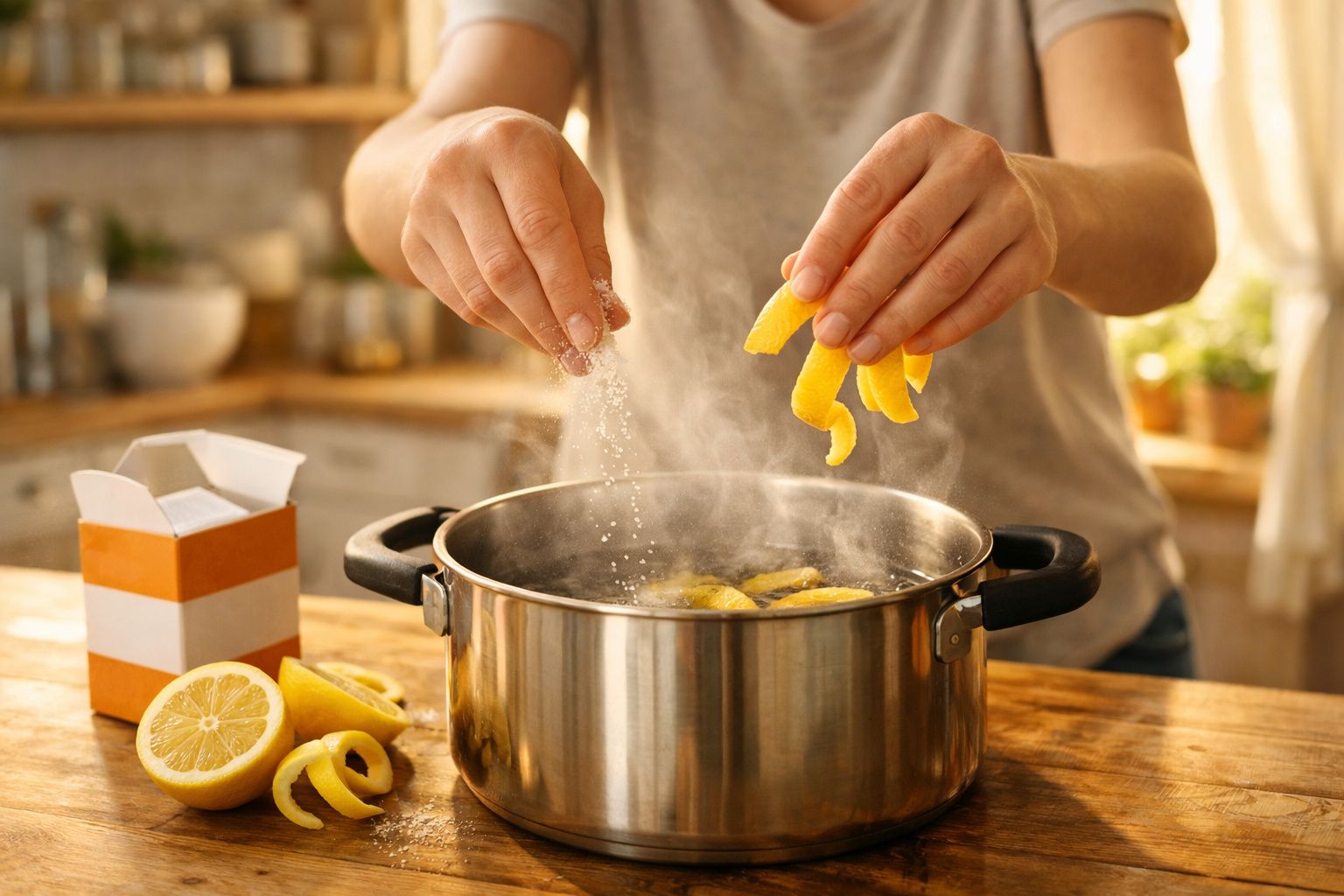 Pessoa tempera água a ferver numa panela com cascas e sal de limão numa cozinha iluminada.