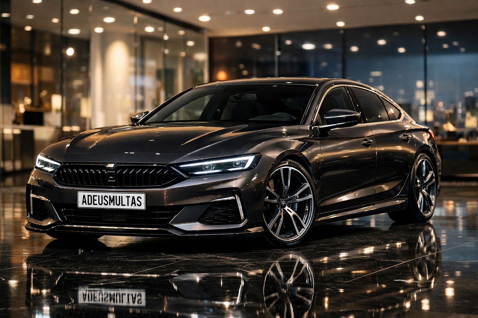 Carro desportivo cinza escuro estacionado em piso reflexivo numa garagem com iluminação ambiente.