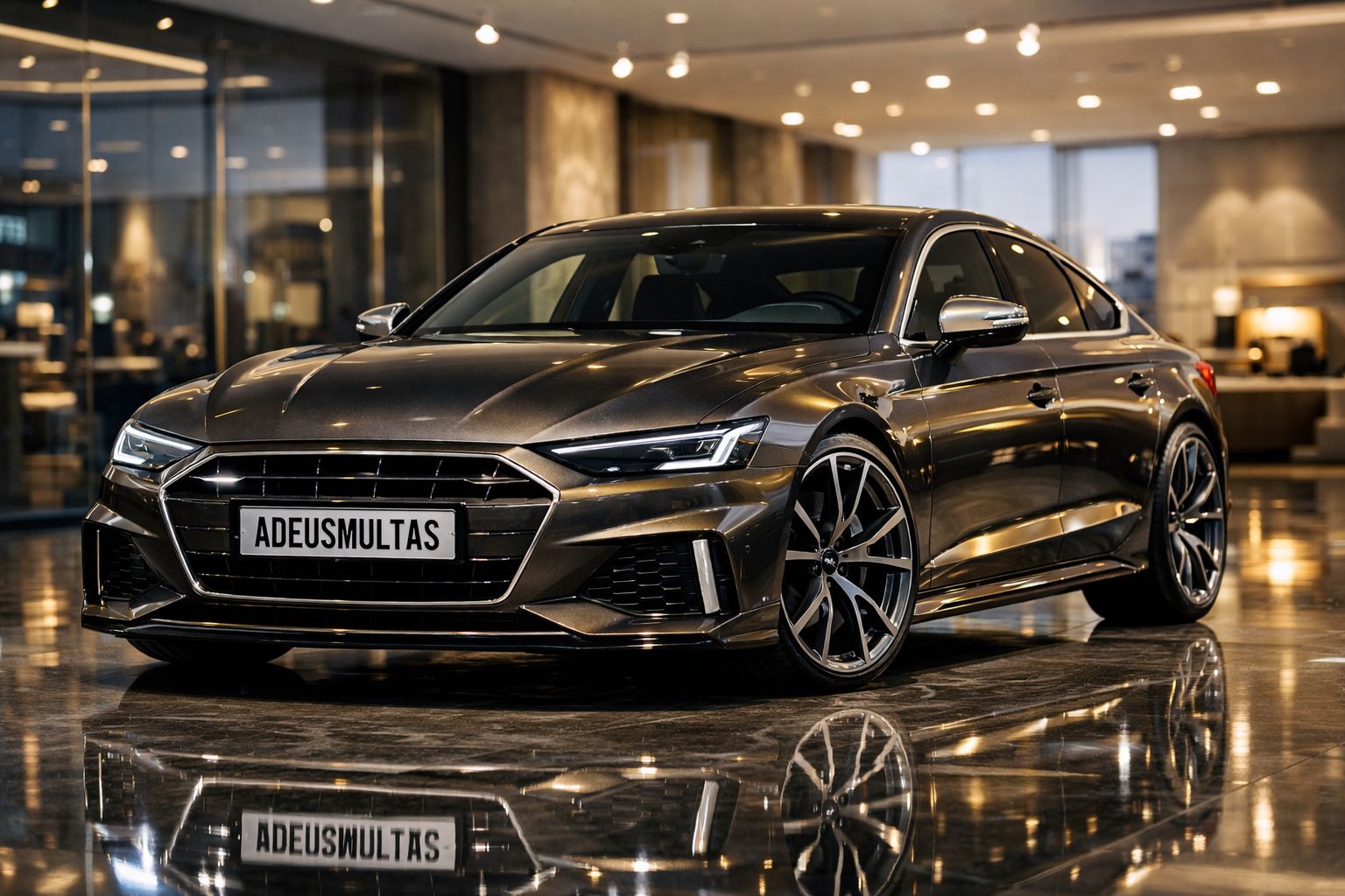 Automóvel cinza escuro com design moderno estacionado em interior elegante e iluminação ambiente.