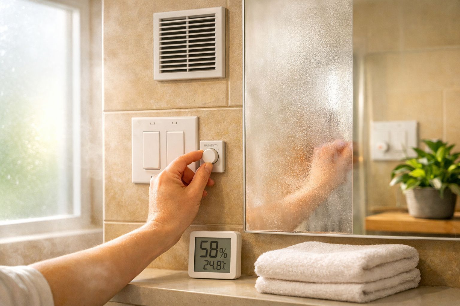 Mão ajusta controlador de humidade numa casa de banho com espelho embaçado e termohigrómetro digital.