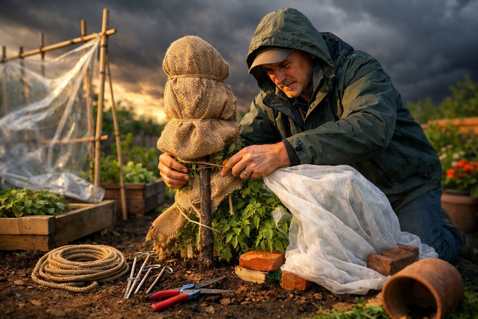 Homem a amarrar uma protecção de tecido a uma planta no jardim, com ferramentas e tijolos à volta.