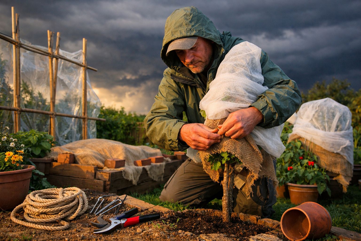 Homem com capucho protege planta no jardim sob céu nublado ao entardecer.