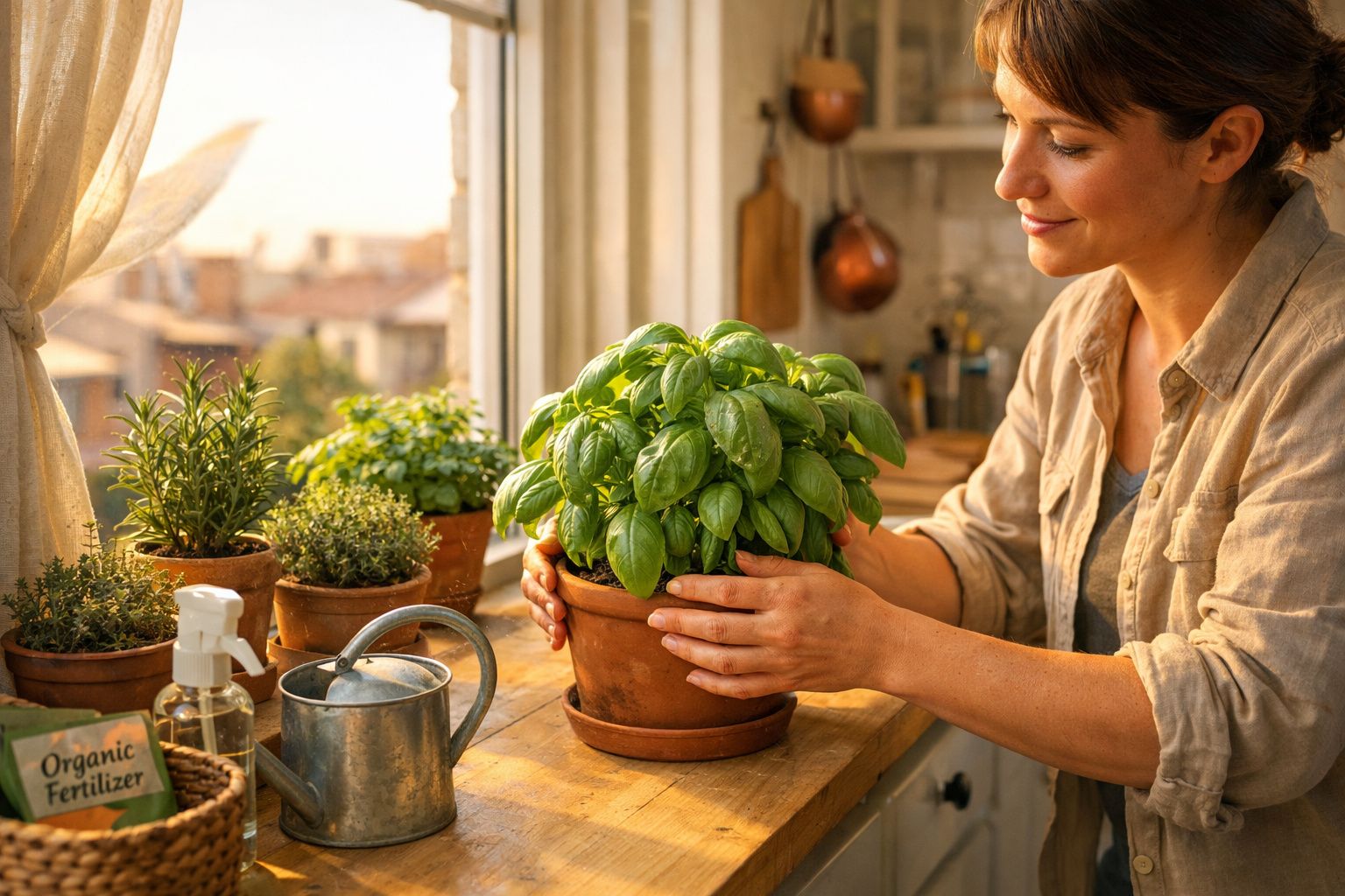 Mulher a cuidar de planta de manjericão num vaso junto à janela numa cozinha iluminada pelo sol.