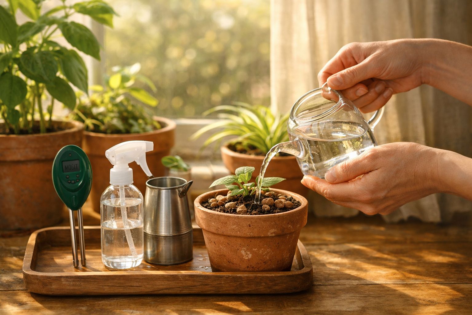 Mãos a regar planta em vaso de barro com regador de vidro, acompanhado de spray, jarra metálica e medidor.