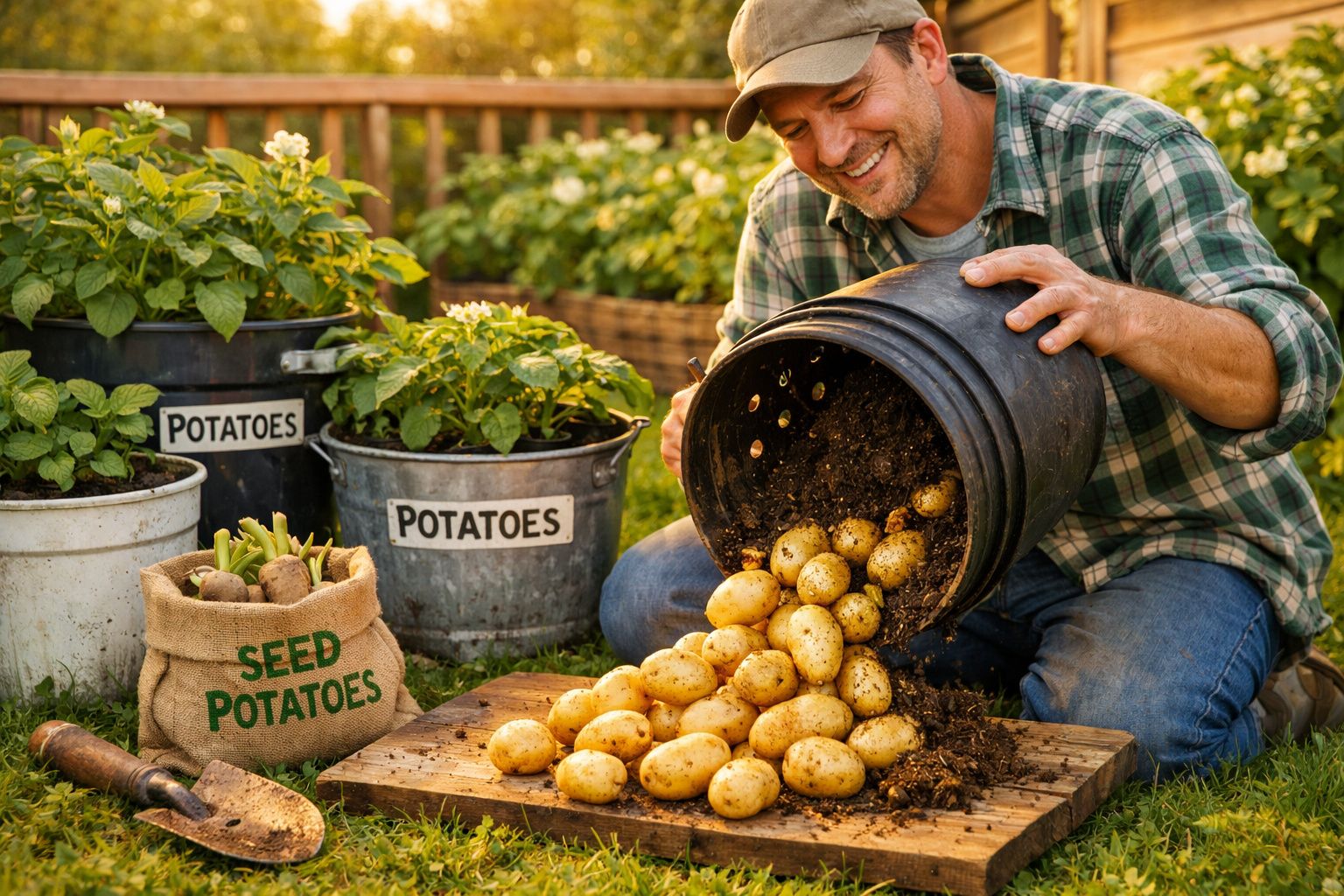 Homem a colher batatas frescas da terra num jardim com plantas em vasos rotulados.