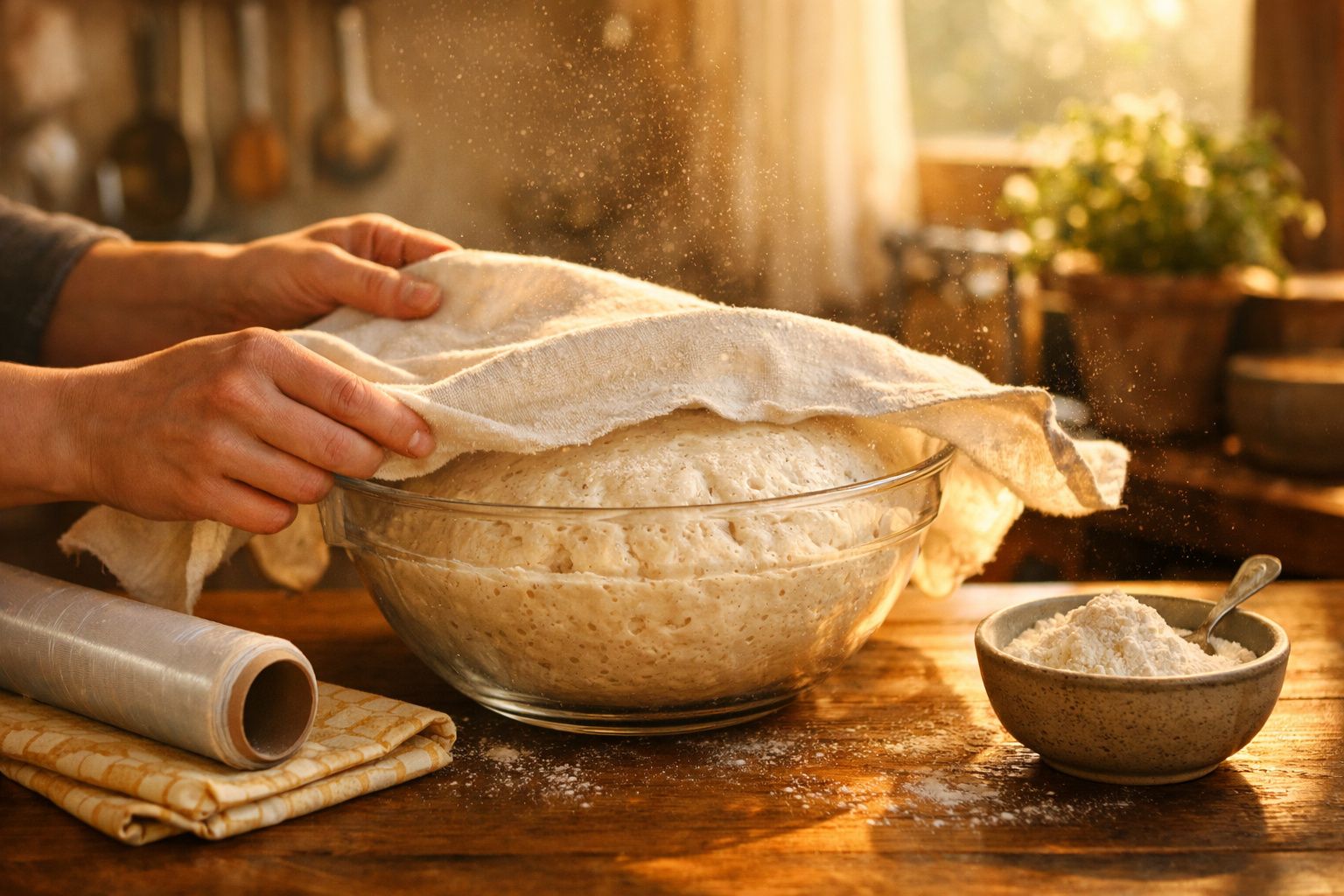 Mãos a descobrirem massa de pão fermentada numa tigela de vidro, polvilhada com farinha, em cozinha rústica.