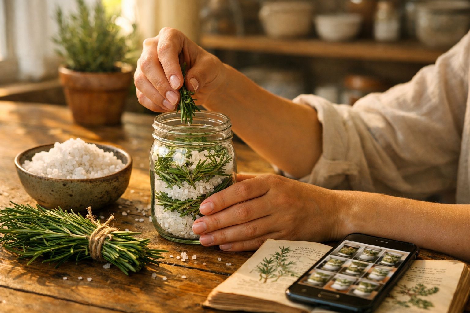 Mãos a colocar ramos de alecrim num frasco com sal grosso sobre mesa de madeira com livro e telemóvel.