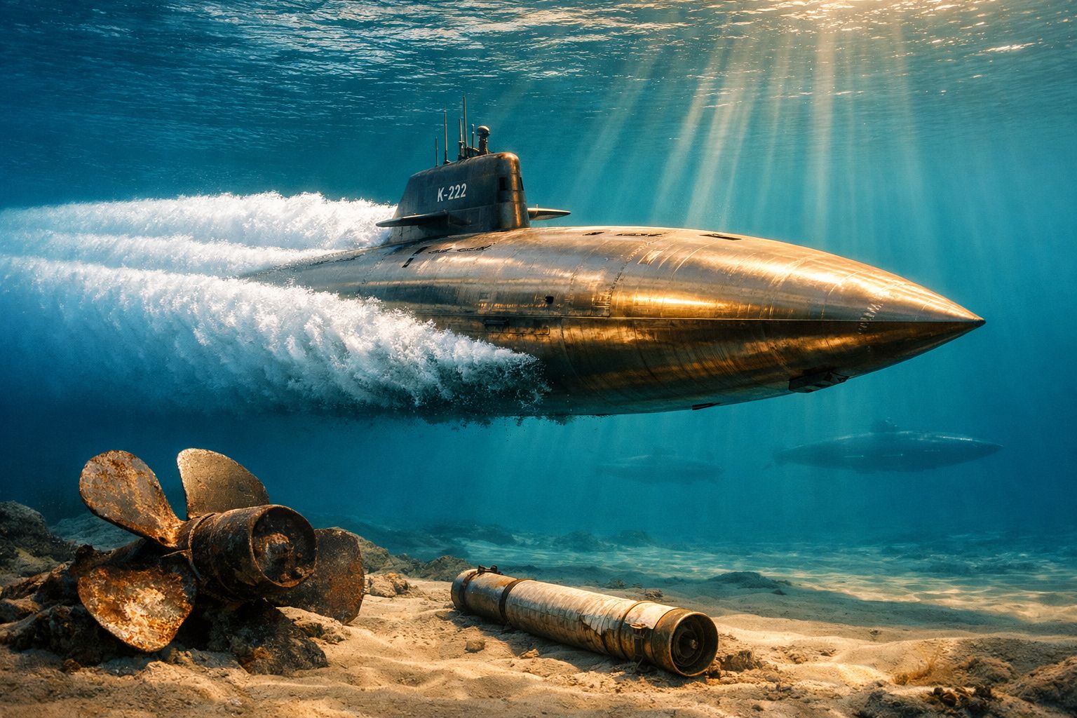 Submarino militar K-222 em águas cristalinas com raios de sol e destroços no fundo do mar.
