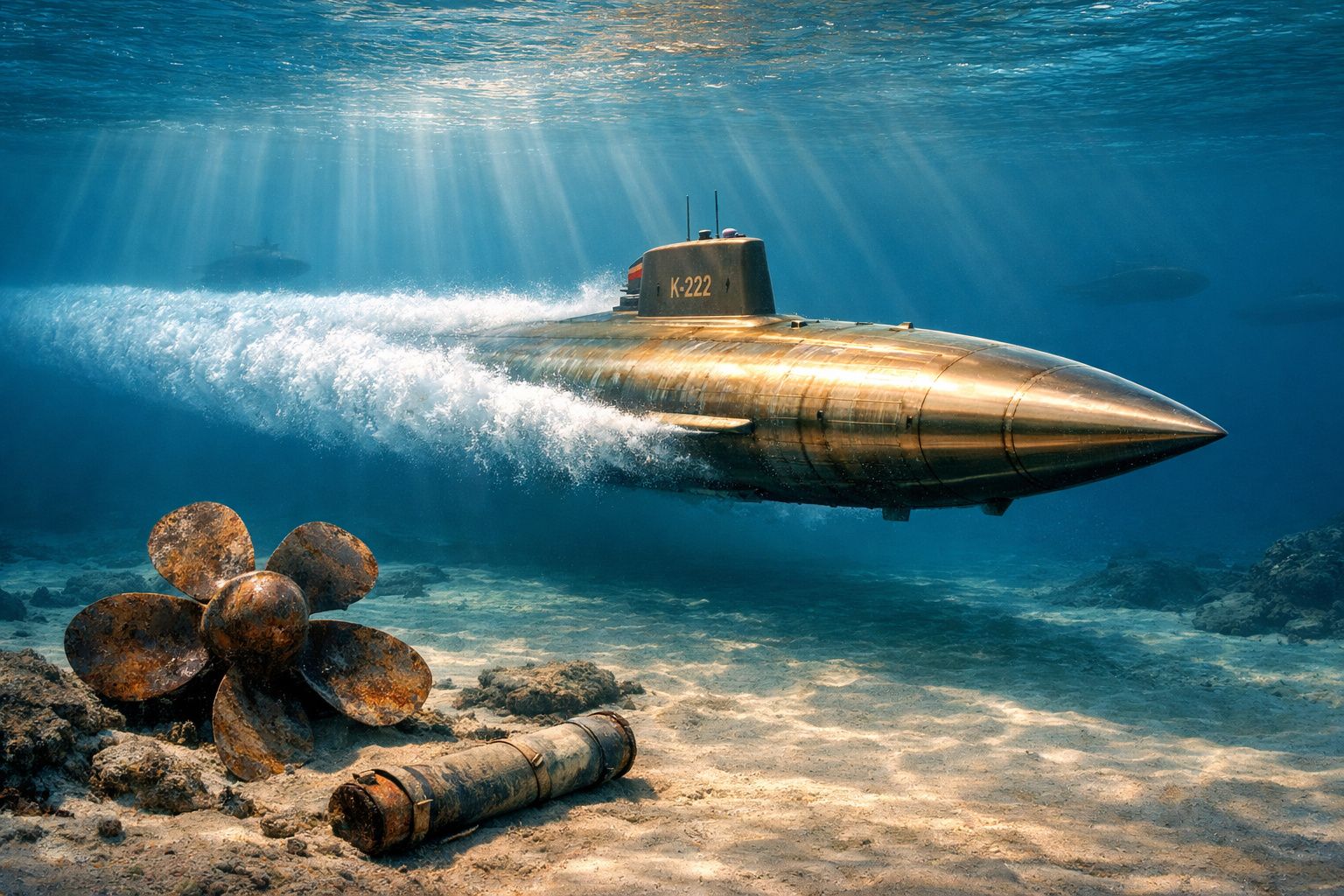 Submarino dourado K-222 a navegar sob a água próximo a leme e objetos enferrujados no fundo do mar.