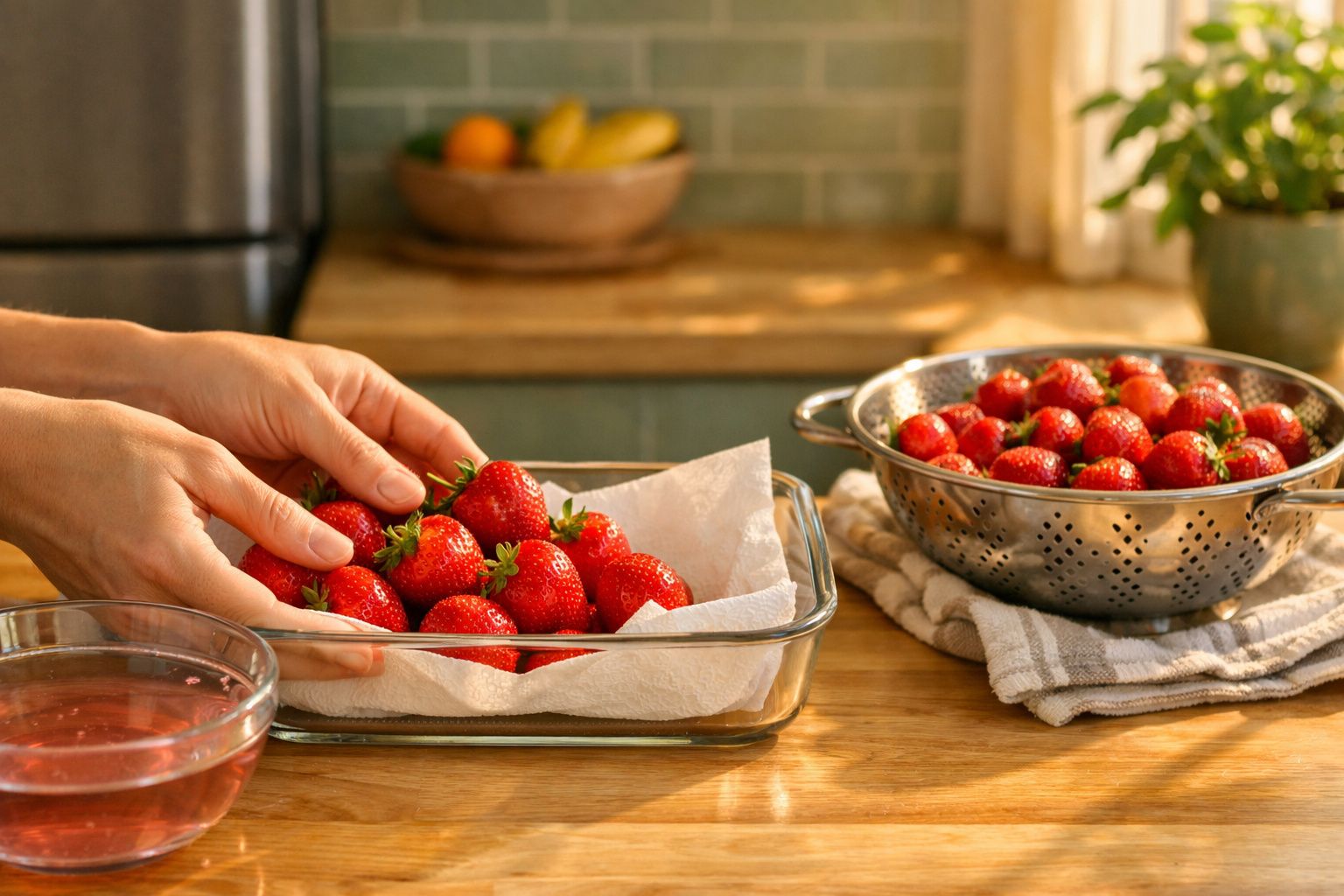 Mãos a colocar morangos numa travessa de vidro com papel, ao lado de uma taça e um escorredor cheios de morangos.