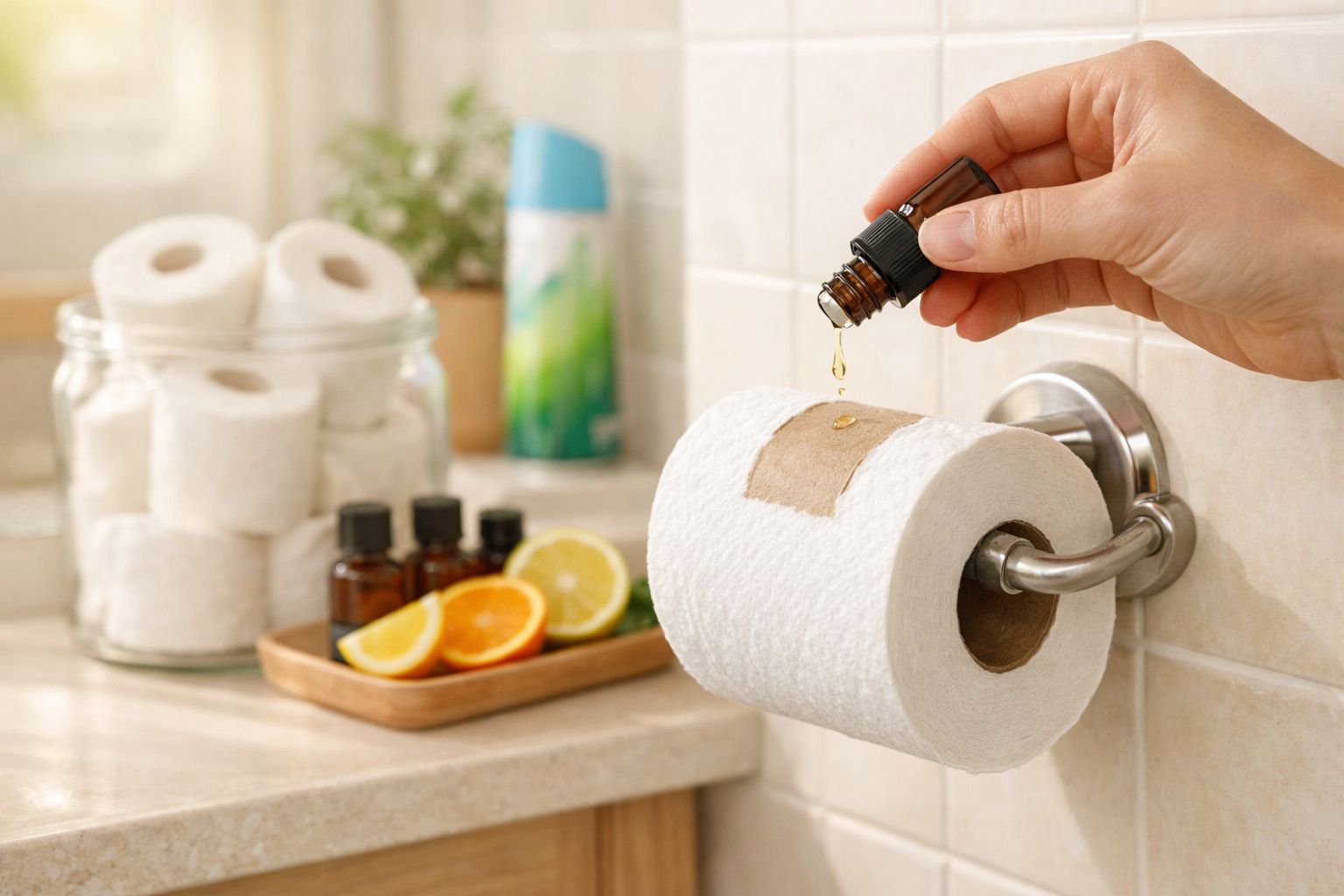 Mão a aplicar óleo essencial num rolo de papel higiénico num suporte de parede num ambiente de casa de banho.