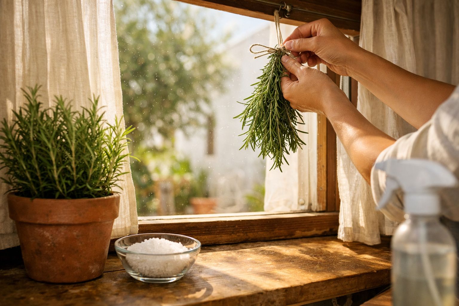 Mãos pendurando ramo de alecrim junto a janela com vaso de plantas e sal em tigela no parapeito.