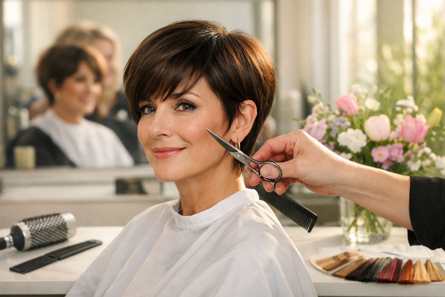 Mulher sorridente a receber corte de cabelo curto num salão de beleza, mãos do cabeleireiro com tesoura.