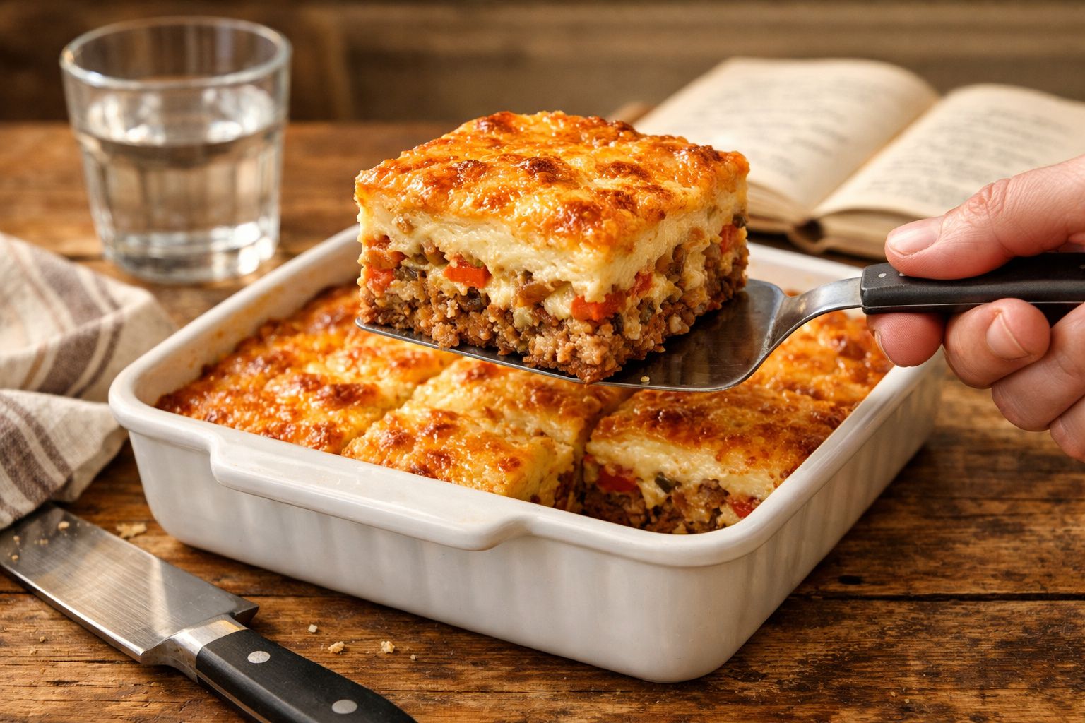 Prato branco com moussaka fatiada, uma fatia sendo servida com espátula, copo de água e livro ao fundo.