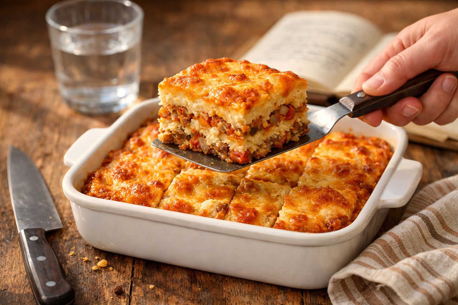 Quadrados de empadão com carne e legumes numa travessa branca, um pedaço a ser servido com espátula.