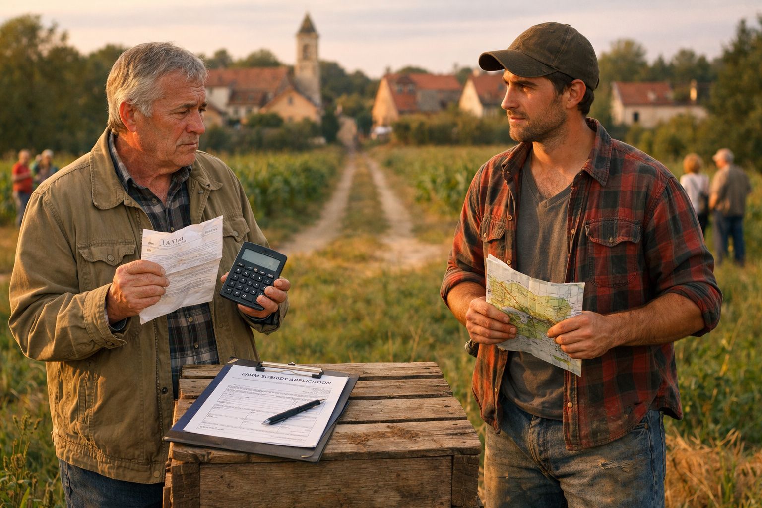 Dois homens numa quinta, um com folha e calculadora, outro com mapa, com campo e casas ao fundo.