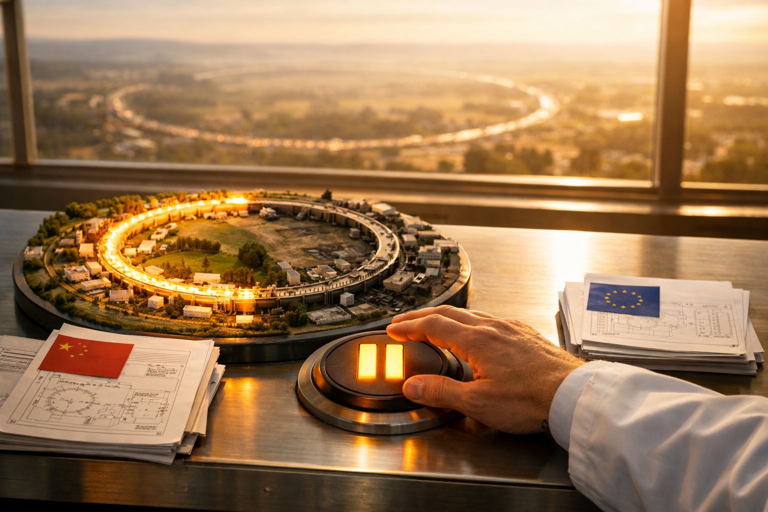 Mão segura botão pause junto a maquete circular iluminada com bandeiras da China e UE ao lado.