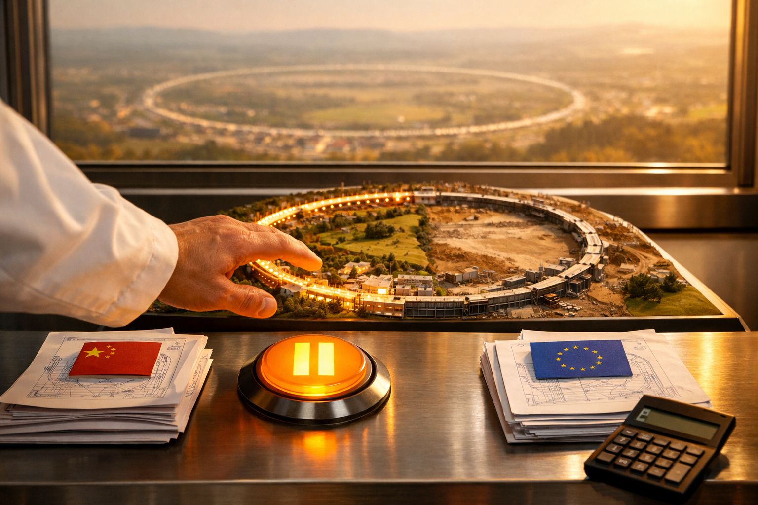 Mão de pessoa perto de maquete circular iluminada com grandes botões, documentos e passaportes sobre mesa.