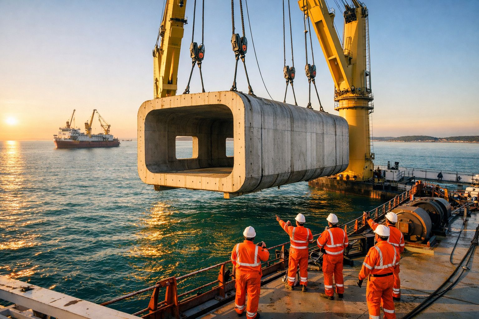 Trabalhadores em colete e capacete a coordenar içamento de grande estrutura de betão no mar ao pôr do sol.