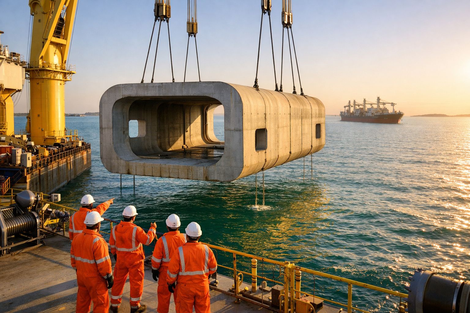 Quatro trabalhadores com capacetes e coletes laranja observam uma grande estrutura de betão suspensa sobre a água num porto.