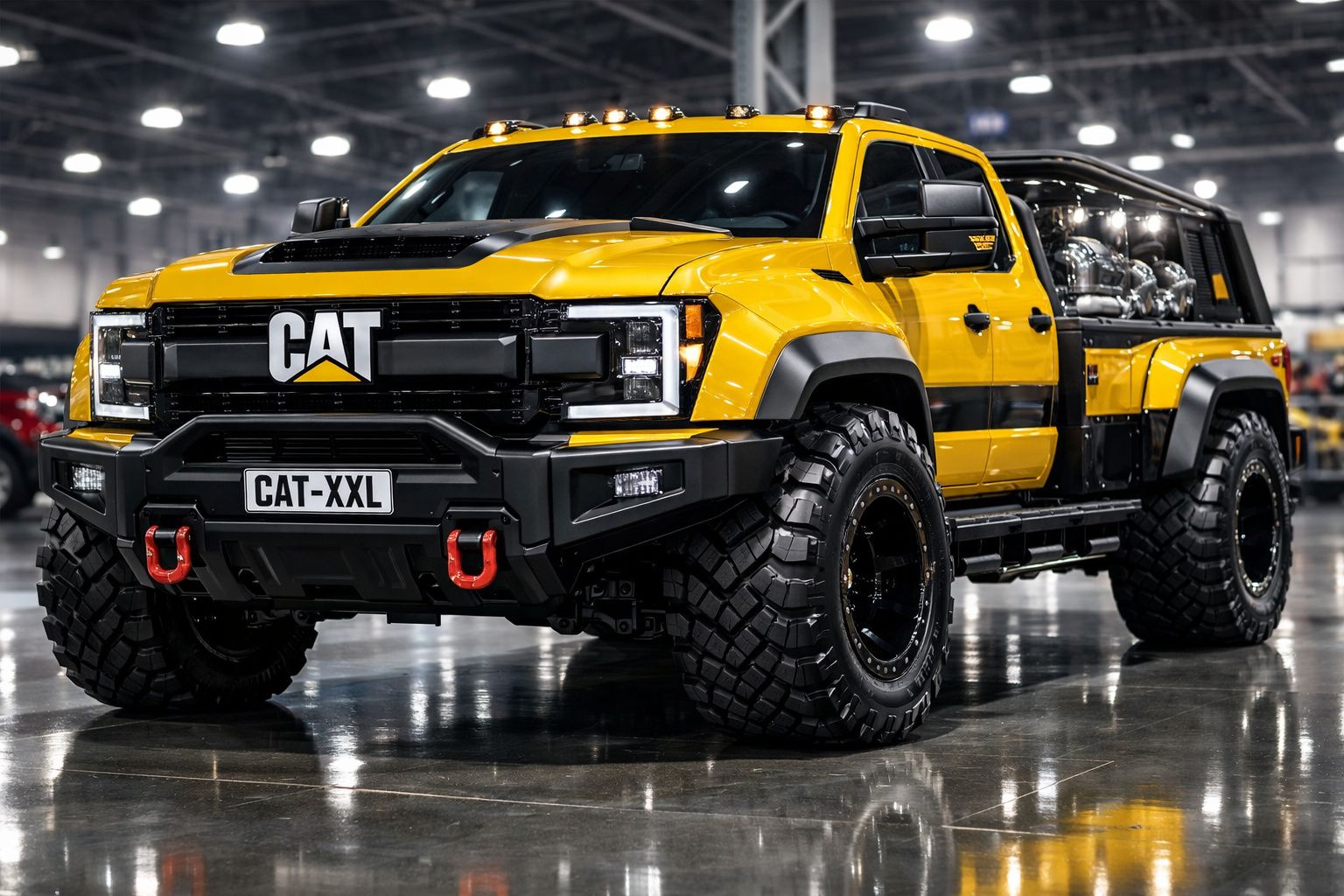 Pickup gigante amarela Caterpillar com pneus reforçados e iluminação LED num pavilhão interior.