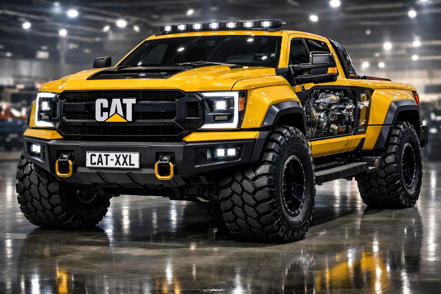 Picape amarela CAT XXL com pneus off-road grandes e motor visível numa feira automóvel.