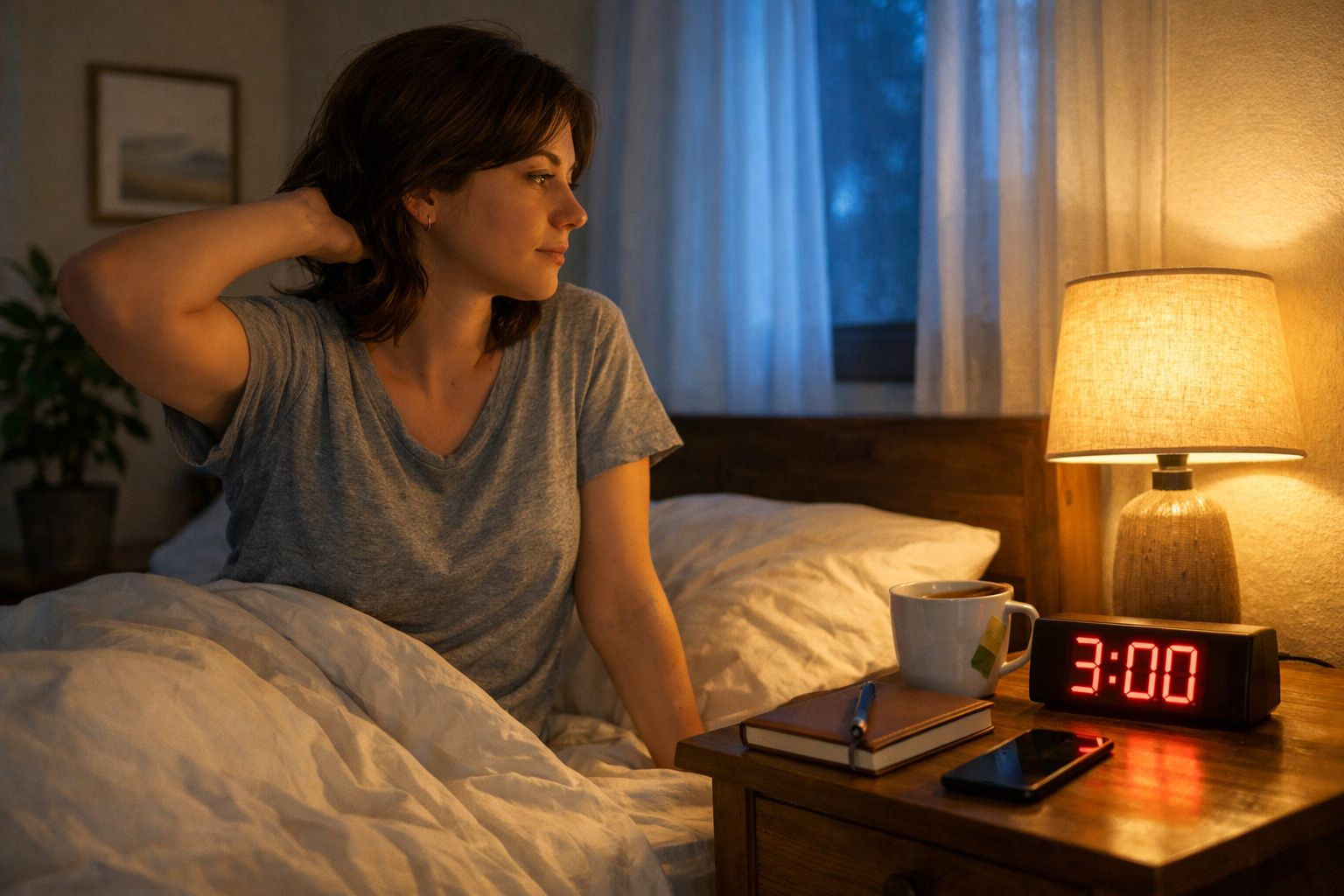 Mulher acordada sentada na cama ao lado de mesa com relógio digital marcando 3:00 e candeeiro aceso.