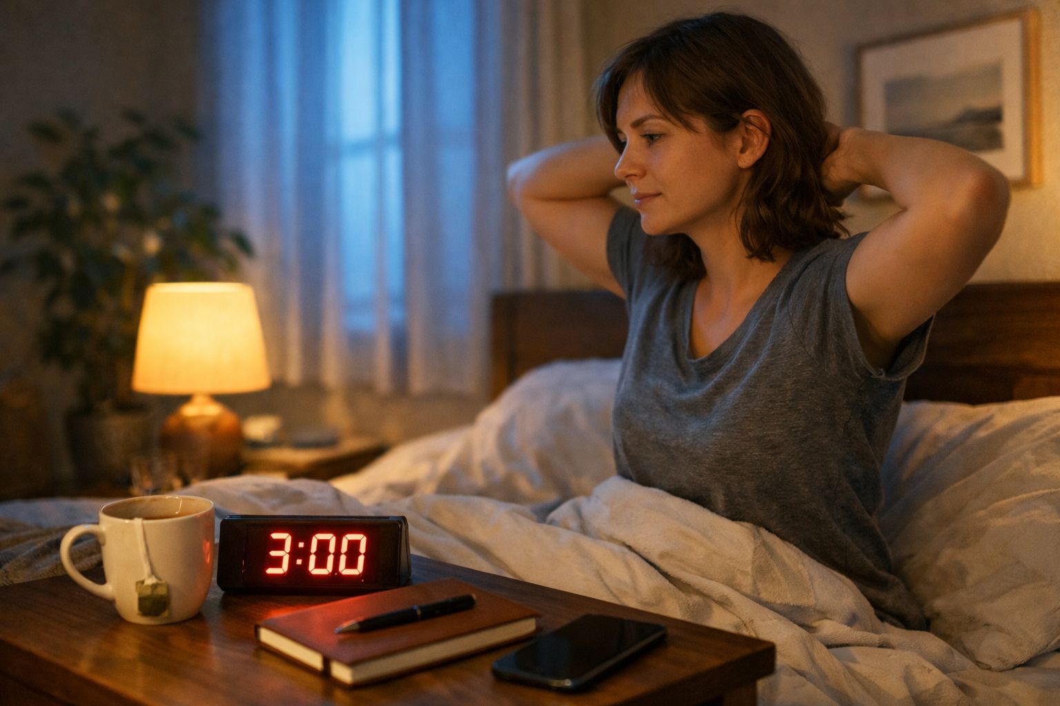 Mulher acordada na cama às 3 da manhã, mesa com relógio, chá, caderno e caneta ao lado.
