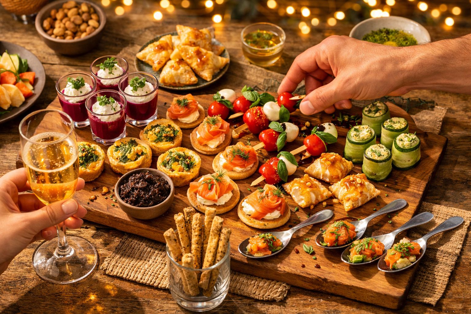 Prato variado de entradas gourmet com taça de champanhe e mão a servir espetadas de tomate cherry e mozzarella.