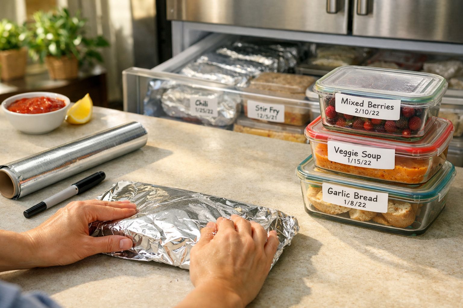 Mãos a embrulhar comida em papel de alumínio junto a recipientes com etiquetas de alimentos e datas.