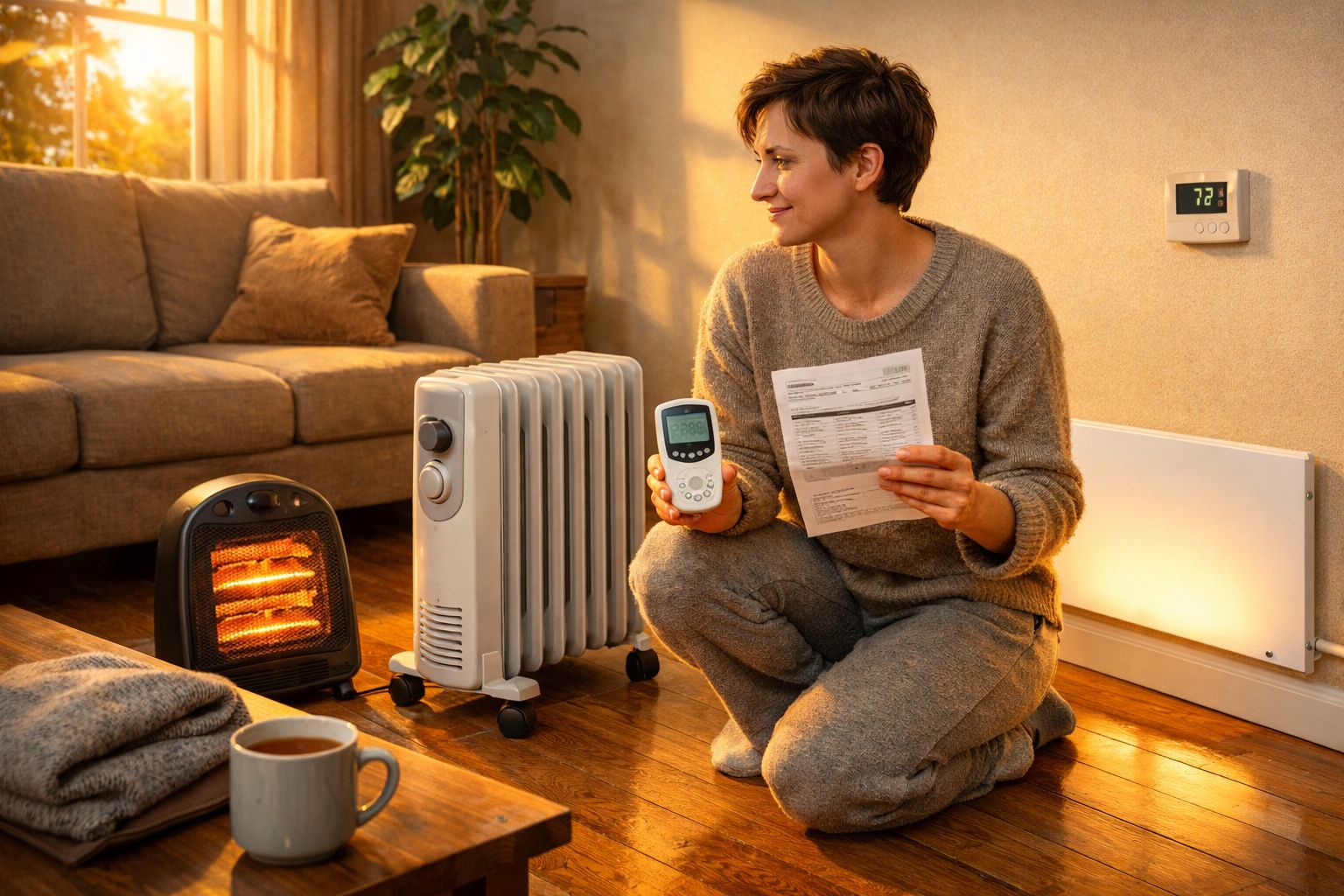 Mulher sentada no chão perto de aquecedores com controlo remoto e fatura nas mãos numa sala acolhedora.