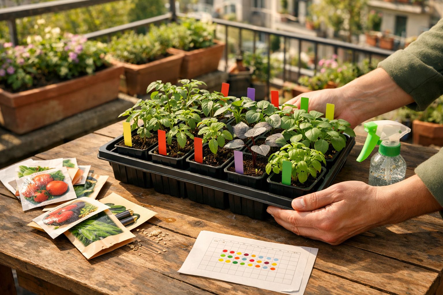 Mãos a segurar tabuleiro com sementes germinadas etiquetadas, pacotes de sementes e pulverizador numa mesa de madeira.