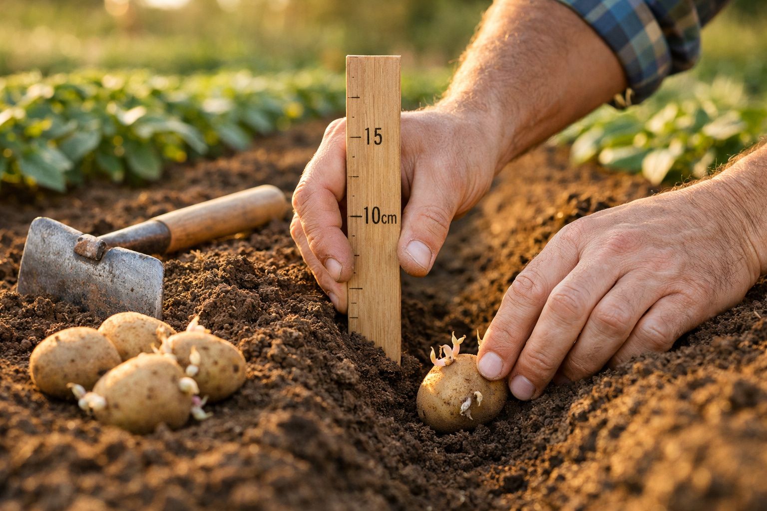 Mãos a plantar batatas germinadas no solo com uma régua de medição e uma enxada ao fundo.