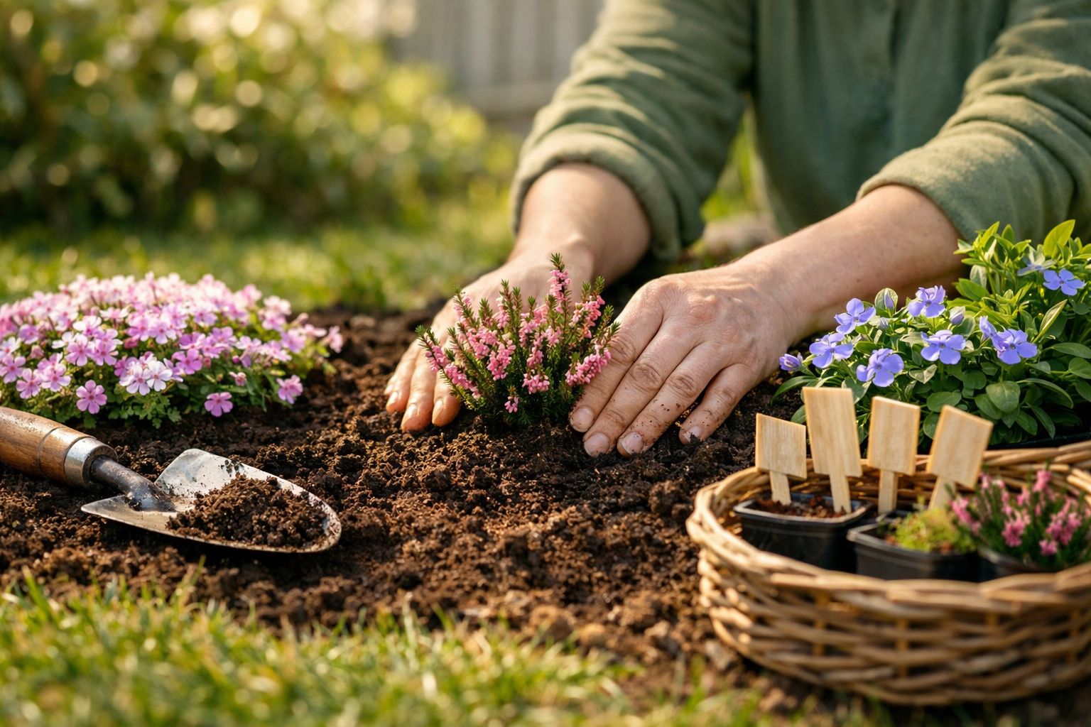 Mãos a plantar flores coloridas em solo fértil no jardim com enxada e cesto de plantas ao lado.