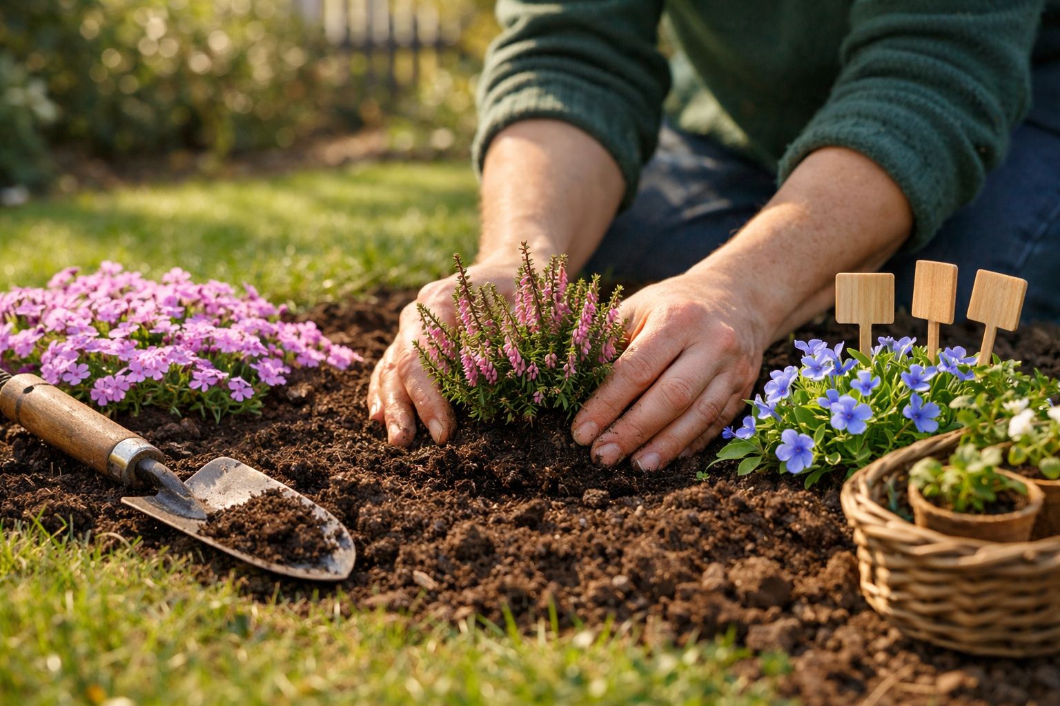 Pessoa a plantar flores cor-de-rosa e azuis numa cama de jardim com terra solta.